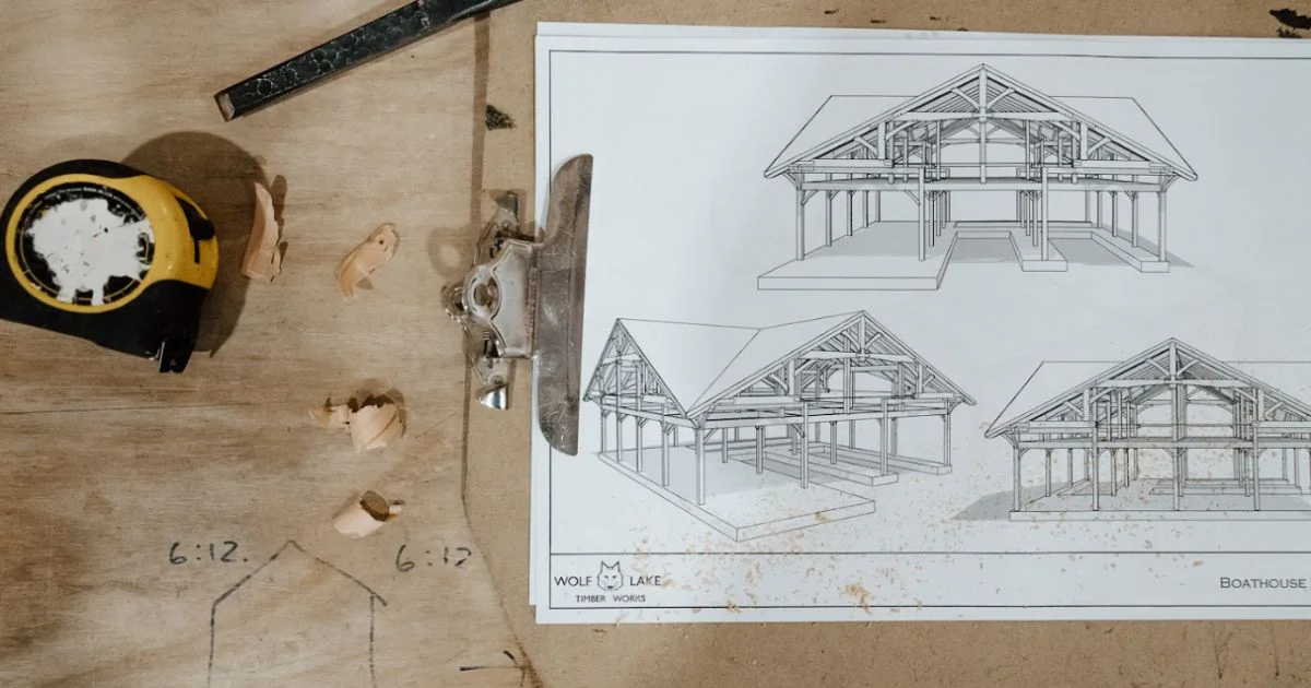 Timber frame blueprints with tools on workbench
